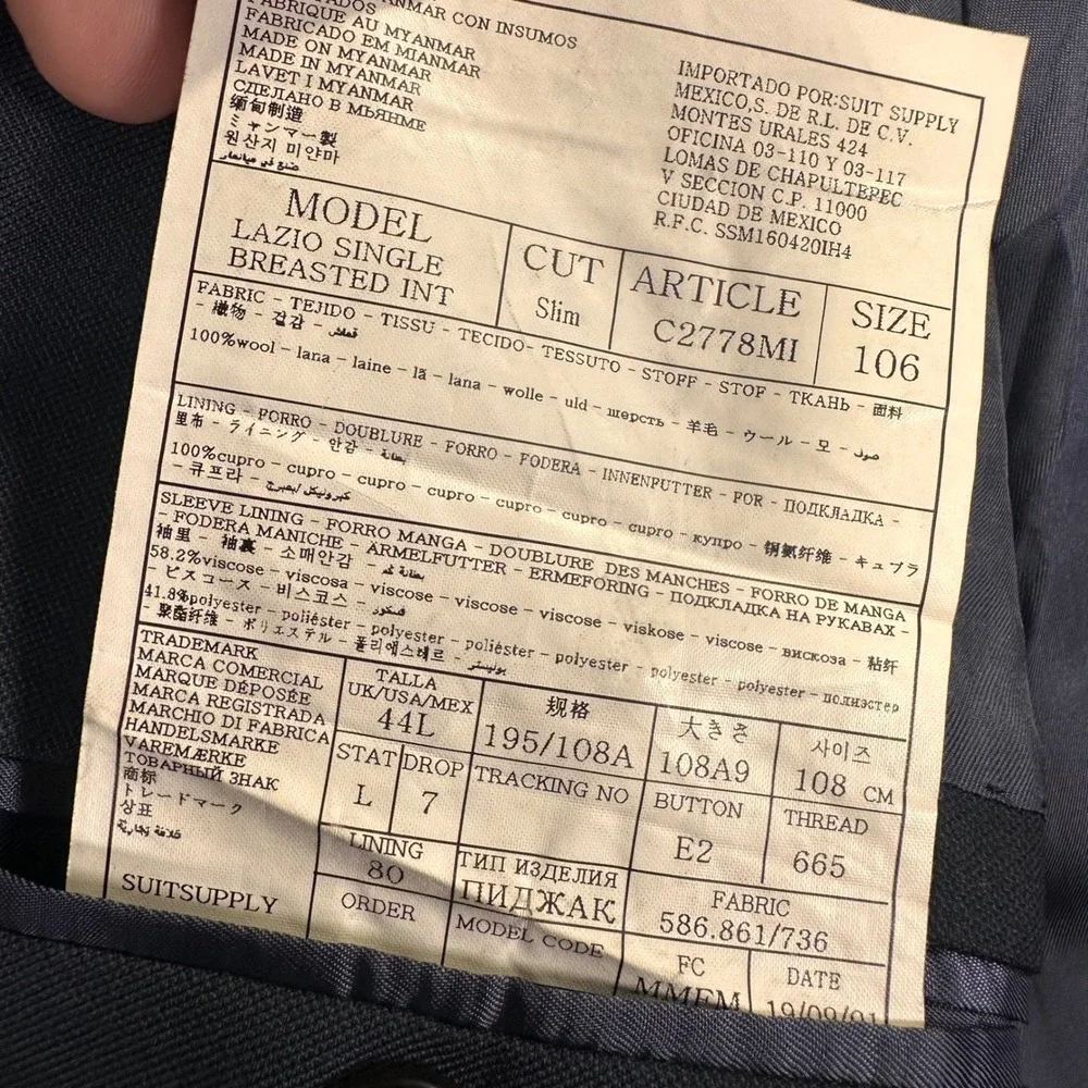 Suitsupply Vitale Barberis Canonico Blazer Sport Coat 44L Slim Navy Blue Wool